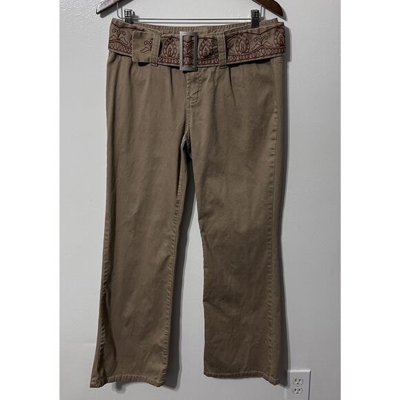 Y2K Ruff Hewn Womens Sz 10 Flare Khaki Pants Tan Embroidered Belt Hippie Boho - Picture 5 of 13
